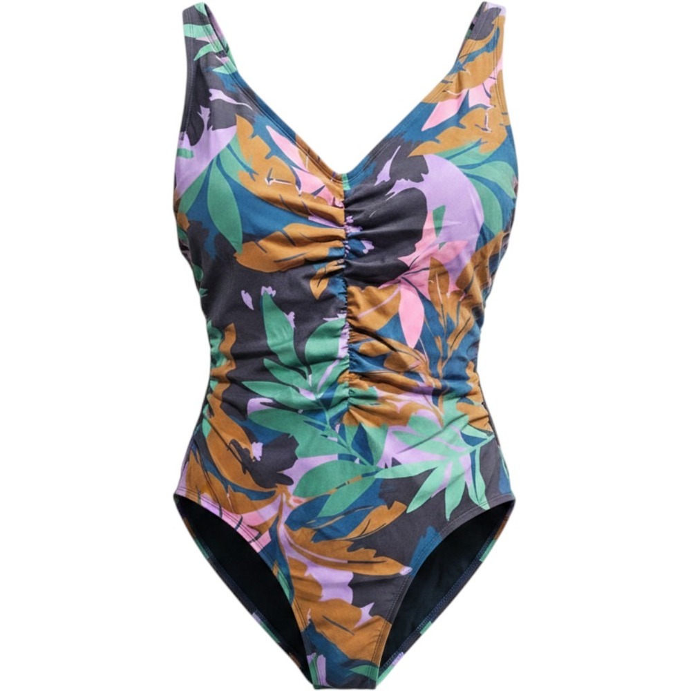 Shade & Shore Tropical Leaf Ruched One Piece Swimsuit Multi Color Size 16 NEW